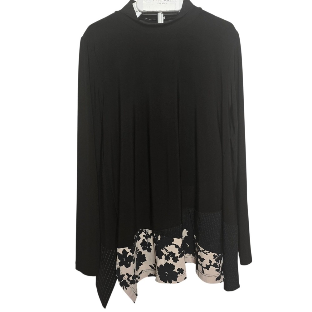 Tekbika Alembika Mixed Media Tunic Top Women Size 5 Black Floral Pinstripe Artsy